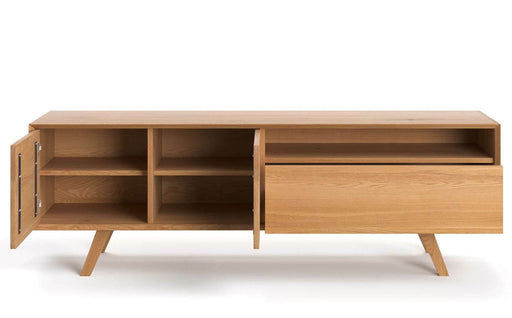 TV-Board aus massiver Eiche in drei Größen | Zweitüriges Sideboard Quatro mit Schublade - 160 x 50 x 65