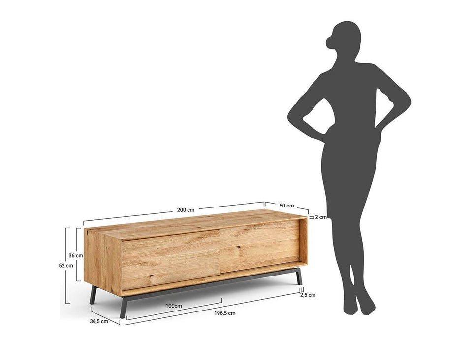 Großes Industrial TV-Board aus massiver Eiche | Fernsehtisch Modern Loft mit Schiebetüren -