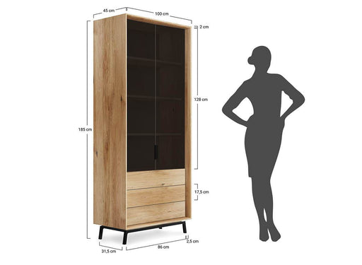 Industrial Vitrine aus massiver Eiche | Wohnzimmerschrank Modern Loft mit drei Schubladen und Glastür -