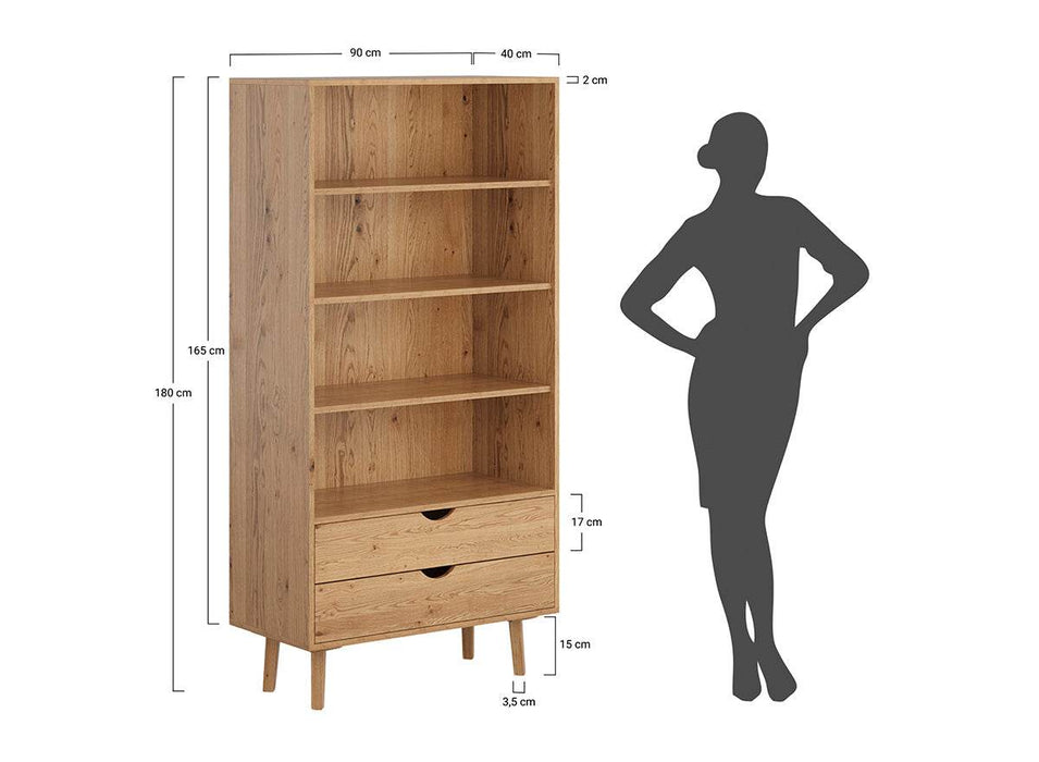 Minimalistisches Regal aus geölter Wildeiche | Skandi Bücherschrank Simona mit zwei Schubladen -