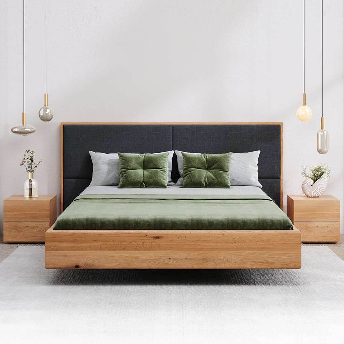 Schlafzimmer-Set | Schwebebett aus massiver Eiche | Eichenbett DOME und 2 x Nachttisch CUBE - 140 x 200