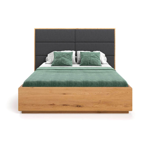 Hohes Bett mit Bettkasten aus massiver Eiche | DOME Z Bett mit Kopfteil Textil in verschiedenen Farben - Grau / 140 x 200