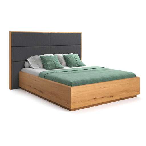 Hohes Bett mit Bettkasten aus massiver Eiche | DOME Z Bett mit Kopfteil Textil in verschiedenen Farben - Grau / 140 x 200