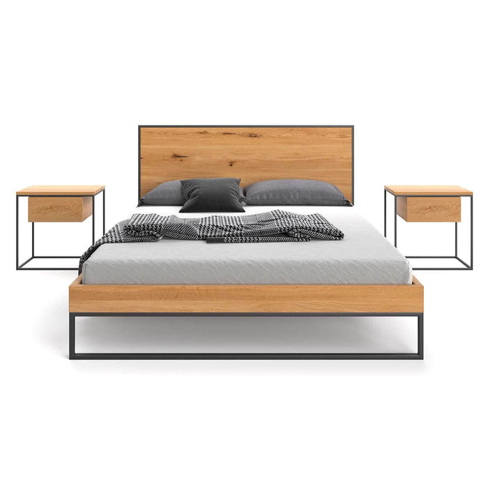 Schlafzimmer-Set | Industrial Bett aus massiver Eiche und Metall mit zwei Nachttischen | Frame und 2x Hover - 140 x 200