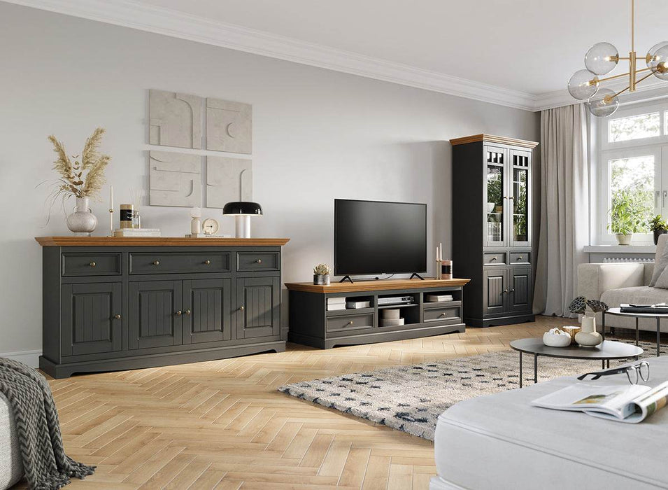 TV-Board Belluno Elegante in Graphit | Sideboard mit zwei Schubladen - Eiche