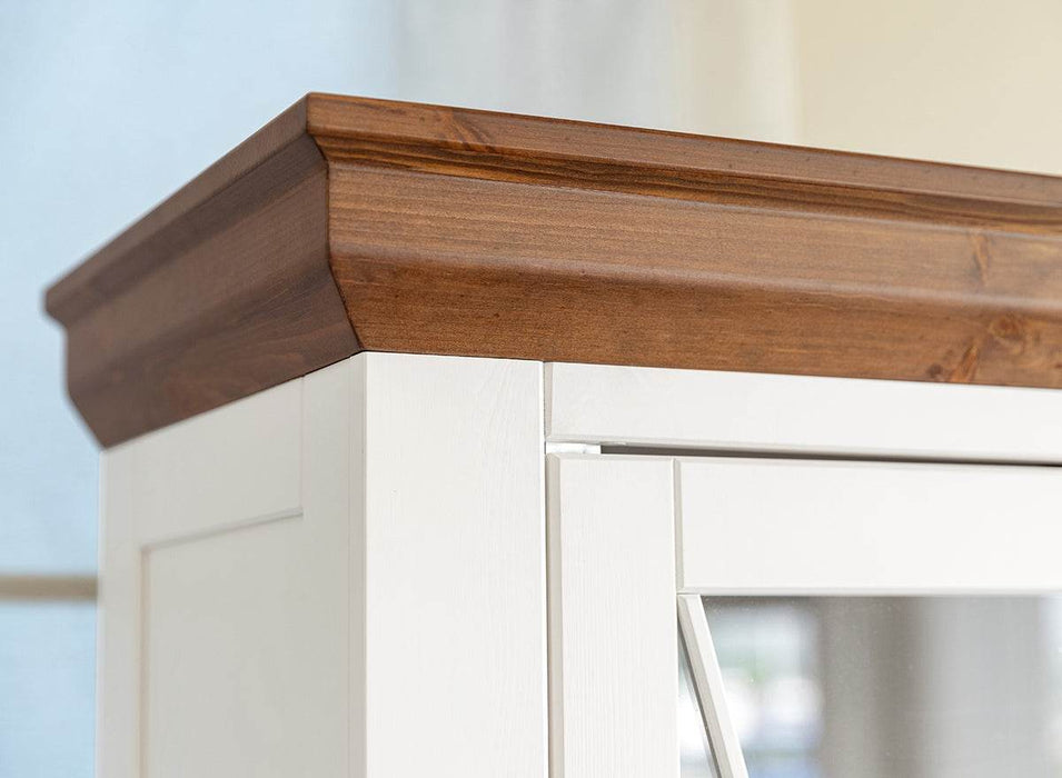 Schmale Vitrine aus Massivholz | Wohnzimmerschrank Marone Elite Tabacco mit zwei Schubladen -