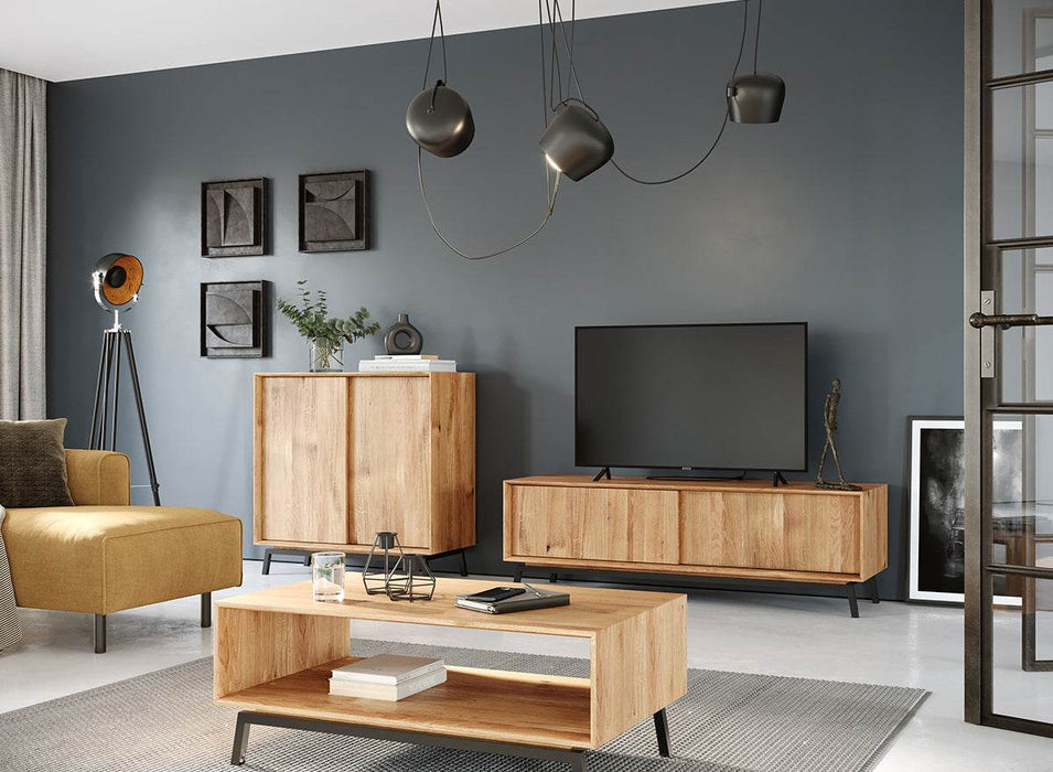 Großes Industrial TV-Board aus massiver Eiche | Fernsehtisch Modern Loft mit Schiebetüren -