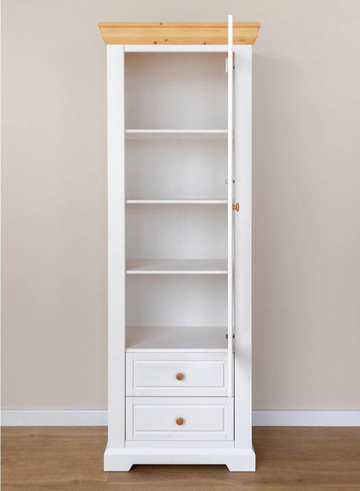 Schmale Vitrine aus Massivholz | Wohnzimmerschrank Marone Elite mit zwei Schubladen -