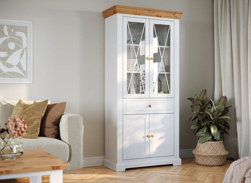 Große Vitrine aus Massivholz | Zweitüriger Wohnzimmerschrank Marone Elite mit Schublade -