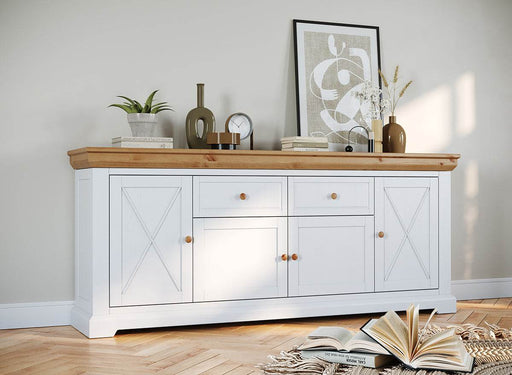 Großes Sideboard aus Massivholz | Viertürige Wohnzimmerkommode Marone Elite mit Schubladen -