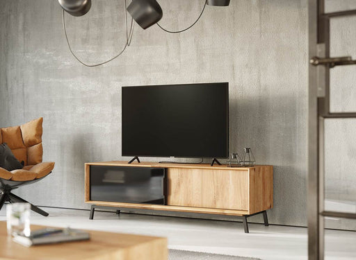 Großes Industrial TV-Board aus massiver Eiche | Fernsehtisch Modern Loft mit Glastür -