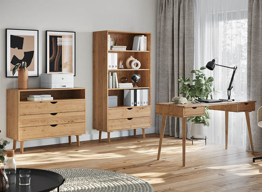 Minimalistisches Regal aus geölter Wildeiche | Skandi Bücherschrank Simona mit zwei Schubladen -