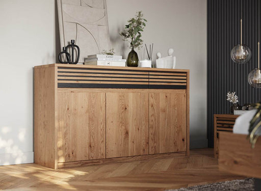 Modernes Sideboard aus massiver Eiche | Dreitürige Kommode Ravello mit zwei Schubladen -