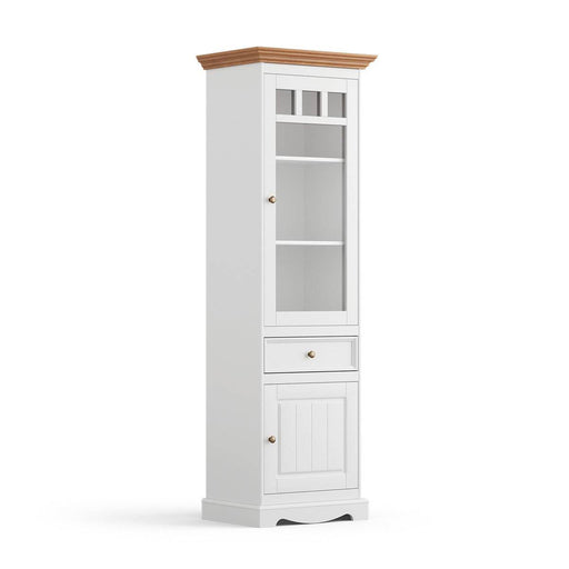 Schmale Standvitrine Belluno Elegante mit Glastür in Weiß - Eiche