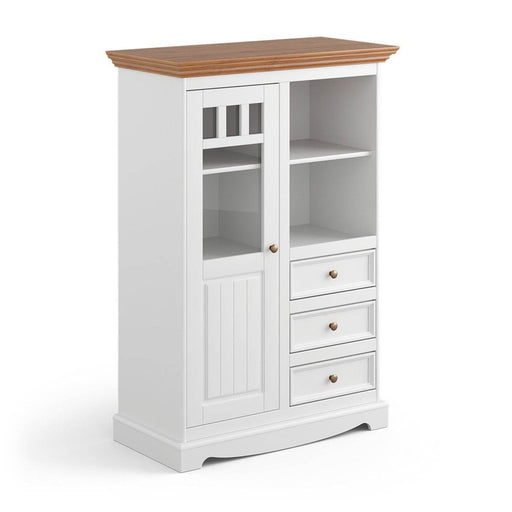 Kleine Vitrinenkommode Belluno Elegante in Weiß | Sideboard mit Schubladen und Tür - Eiche