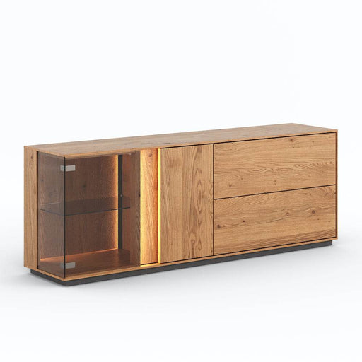 Beleuchtetes TV-Board Collodi aus massiver Eiche mit grober Holzstruktur und Schaukasten - 165