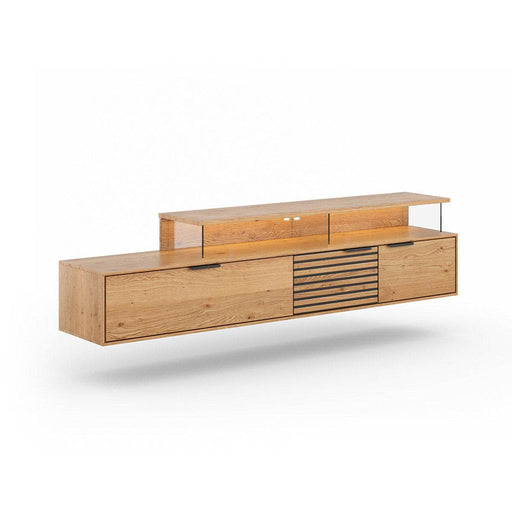 Beleuchtete Hängekommode aus massiver Eiche mit Lamellen | TV-Board Tirano II mit Schaukasten und grober Holzstruktur -