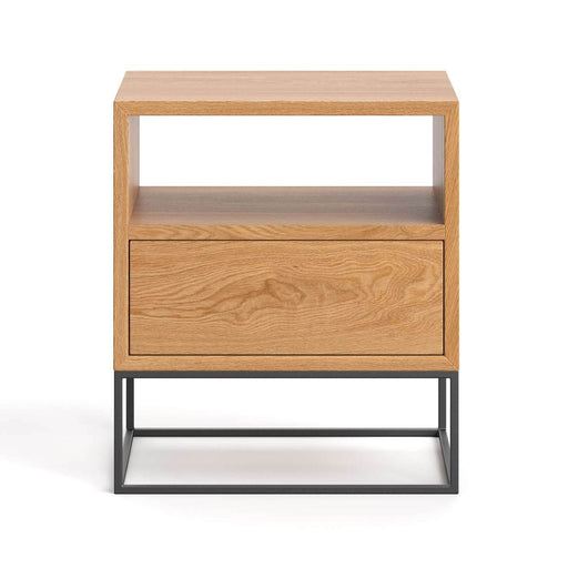 Schlafzimmer-Set | Massives Bett aus Eiche mit Bettkasten | VALOR und 2x Moon Beistelltisch - 140 x 200