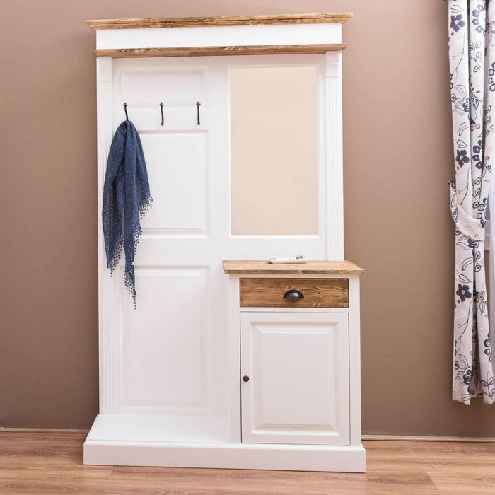 Garderobe aus Massivholz mit Spiegel und Schrankablage - Weiß - Natur