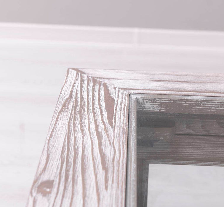 Couchtisch aus Massivholz mit Schaukasten - Fenstertüren und Glasplatte -