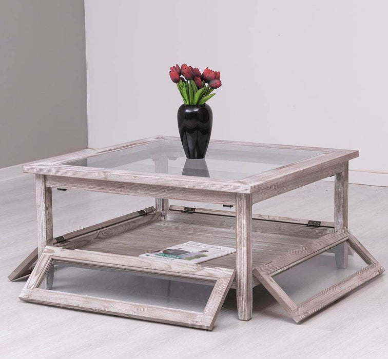 Couchtisch aus Massivholz mit Schaukasten - Fenstertüren und Glasplatte -