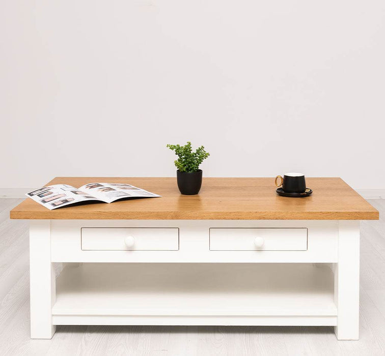 Couchtisch aus Massivholz mit zwei Schubladen - Kaffeetisch mit Tischplatte aus Eiche -