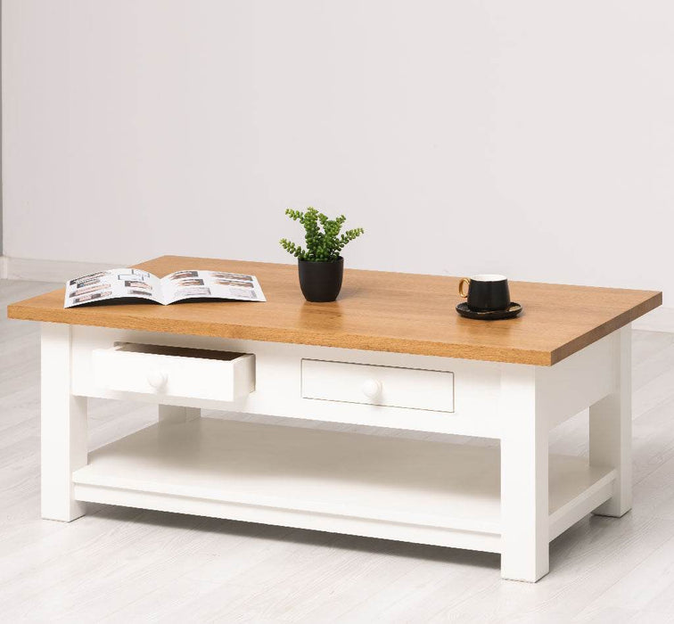 Couchtisch aus Massivholz mit zwei Schubladen - Kaffeetisch mit Tischplatte aus Eiche -