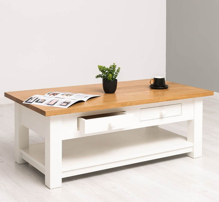Couchtisch aus Massivholz mit zwei Schubladen - Kaffeetisch mit Tischplatte aus Eiche -
