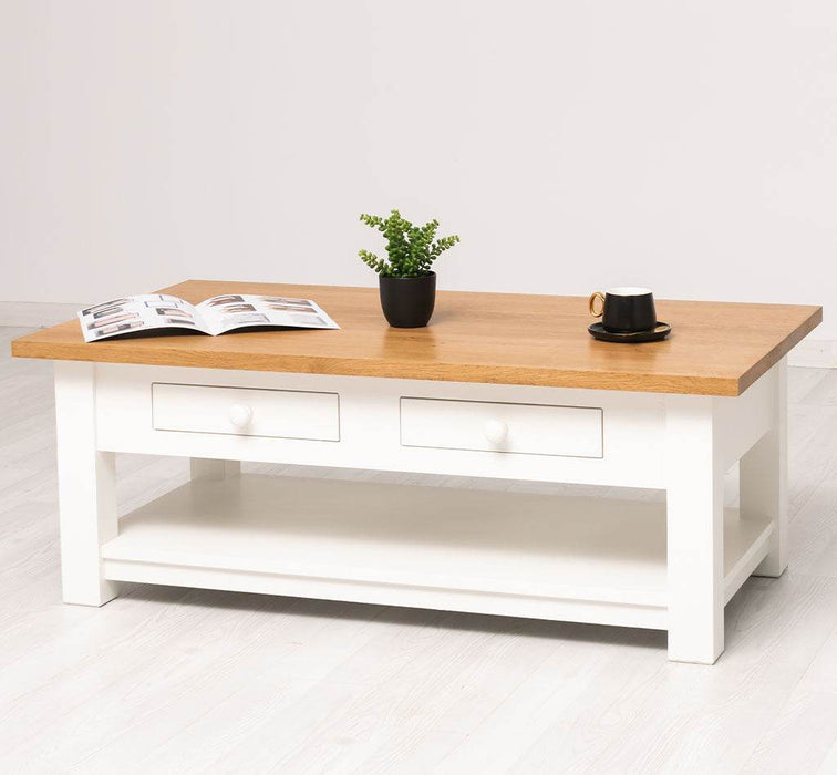 Couchtisch aus Massivholz mit zwei Schubladen - Kaffeetisch mit Tischplatte aus Eiche -