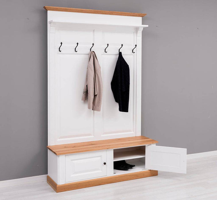 Garderobe aus Massivholz mit 6 Haken und 2 Staufächern - Eichenbank -
