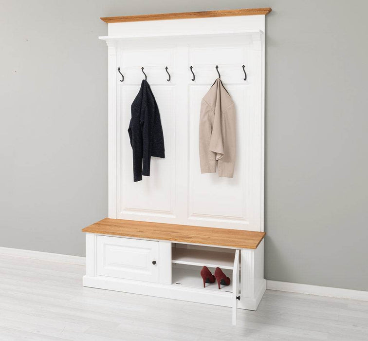 Garderobe aus Massivholz mit 6 Haken und 2 Staufächern - Eichenbank -