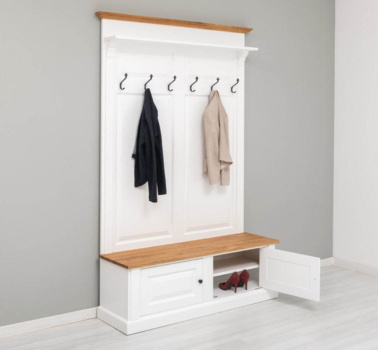 Garderobe aus Massivholz mit 6 Haken und 2 Staufächern - Eichenbank -