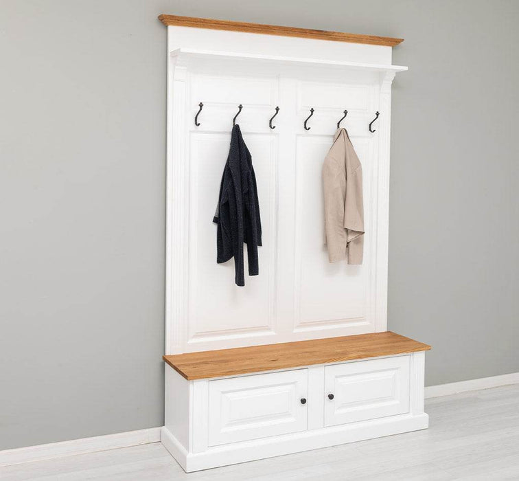 Garderobe aus Massivholz mit 6 Haken und 2 Staufächern - Eichenbank -