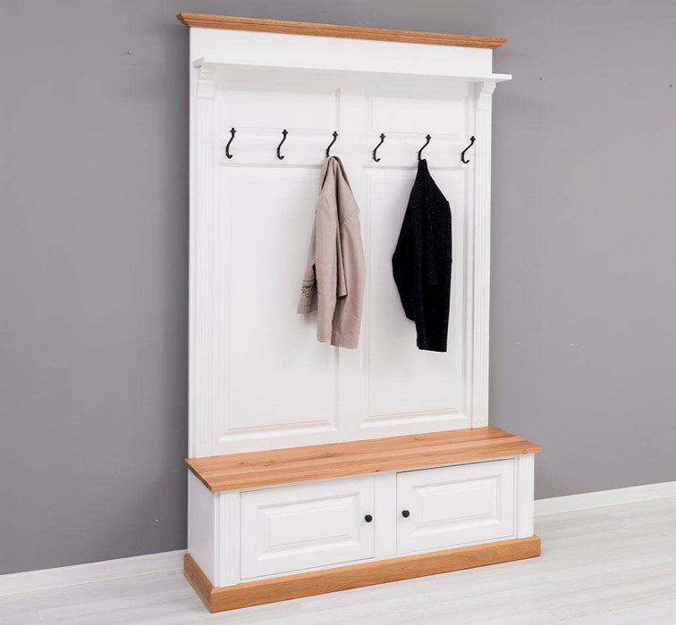 Garderobe aus Massivholz mit 6 Haken und 2 Staufächern - Eichenbank -