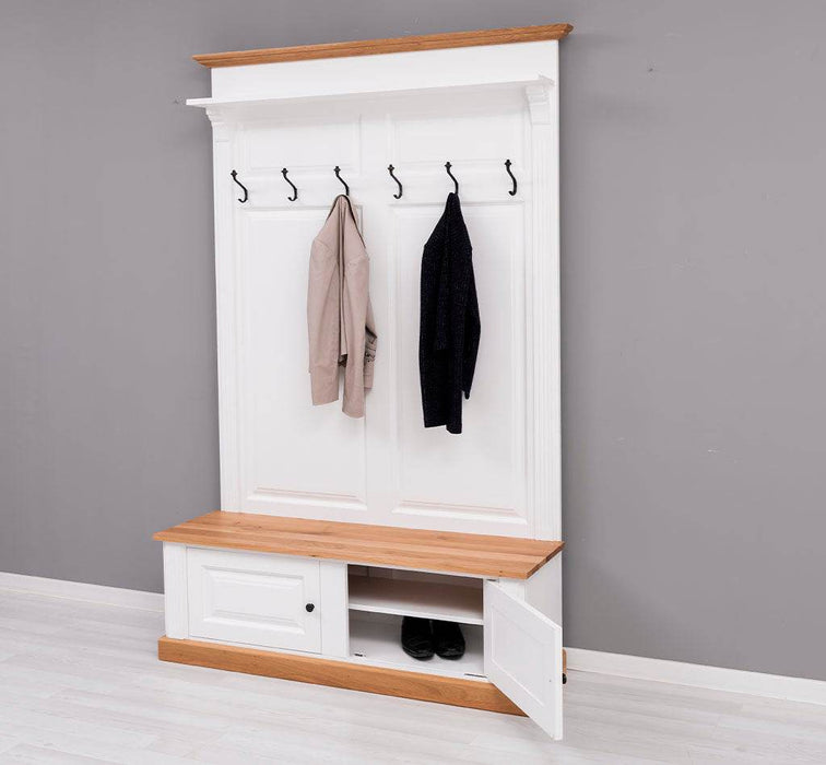 Garderobe aus Massivholz mit 6 Haken und 2 Staufächern - Eichenbank -