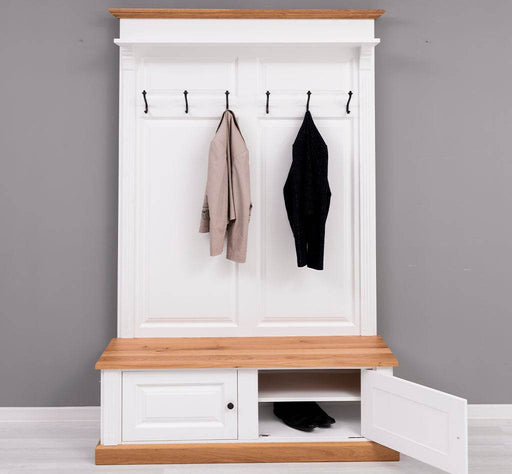 Garderobe aus Massivholz mit 6 Haken und 2 Staufächern - Eichenbank -