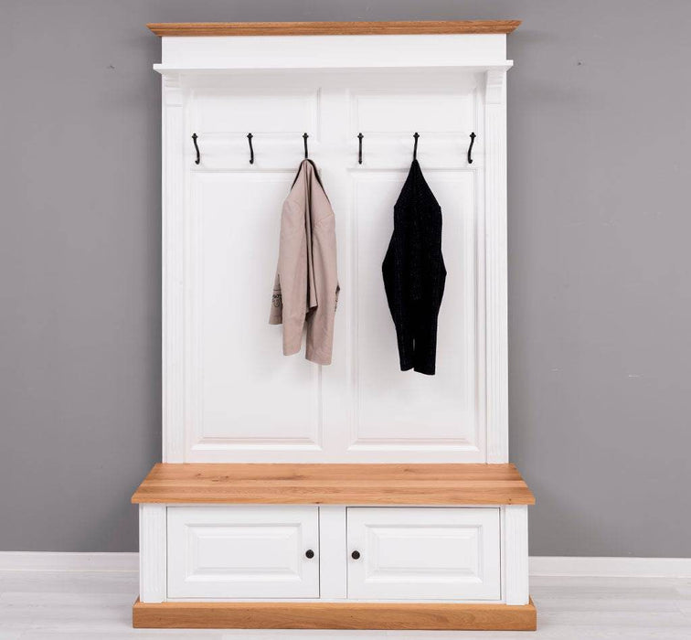 Garderobe aus Massivholz mit 6 Haken und 2 Staufächern - Eichenbank -