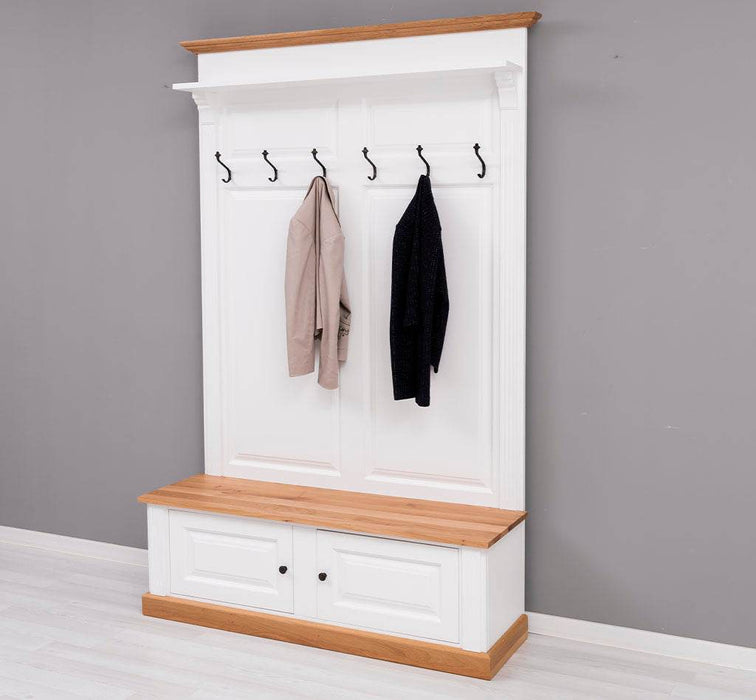 Garderobe aus Massivholz mit 6 Haken und 2 Staufächern - Eichenbank -