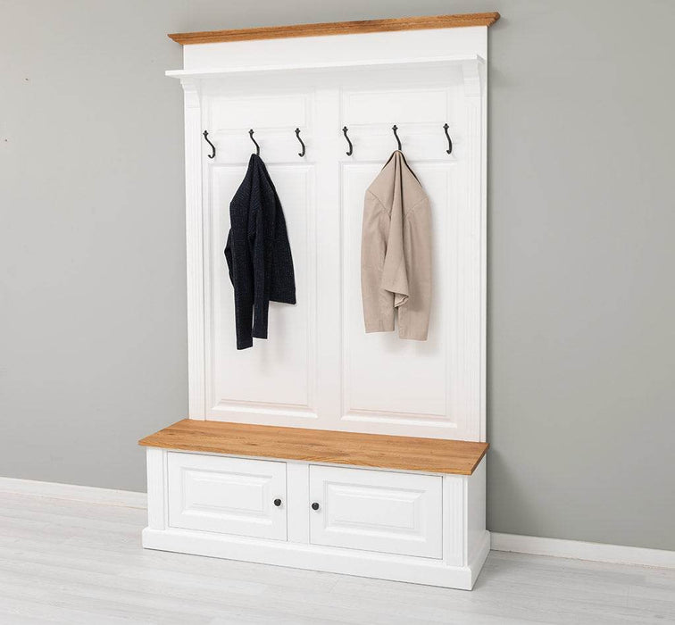 Garderobe aus Massivholz mit 6 Haken und 2 Staufächern - Eichenbank -