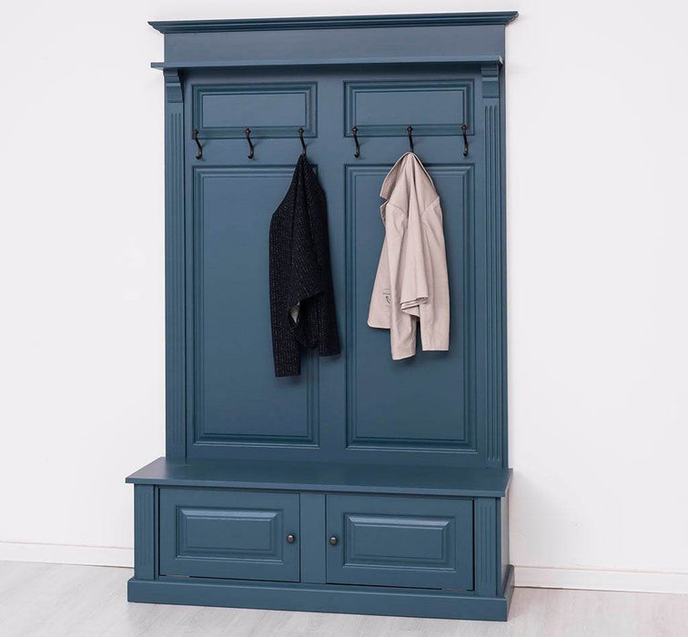 Garderobe aus Massivholz mit 6 Haken und 2 Staufächern unifarben -