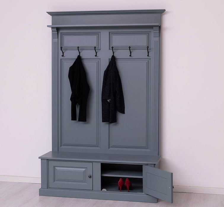 Garderobe aus Massivholz mit 6 Haken und 2 Staufächern unifarben -