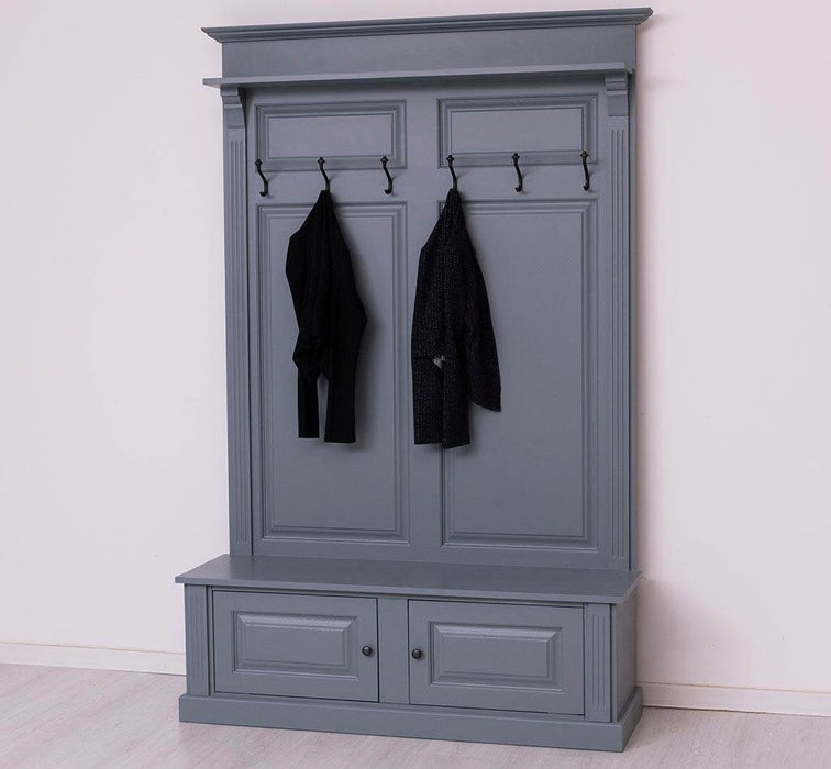 Garderobe aus Massivholz mit 6 Haken und 2 Staufächern unifarben -