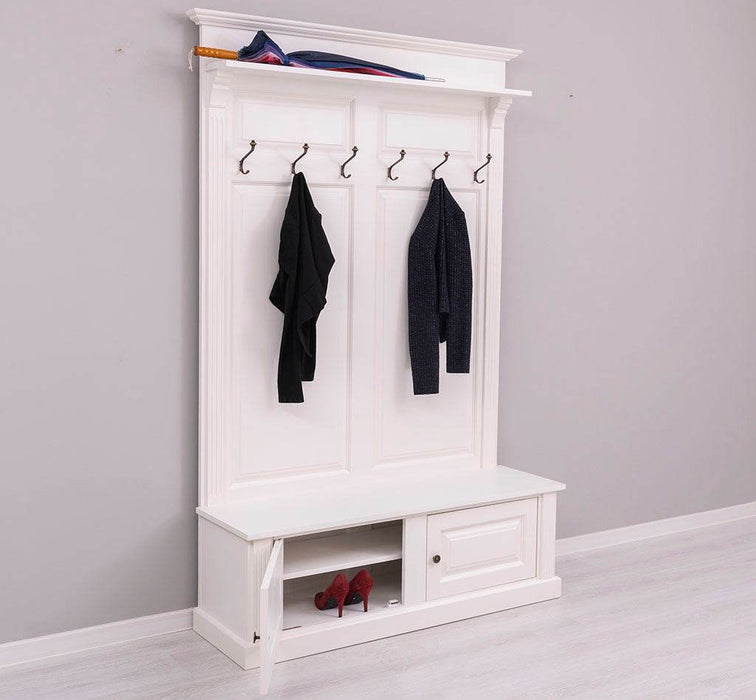 Garderobe aus Massivholz mit 6 Haken und 2 Staufächern unifarben -
