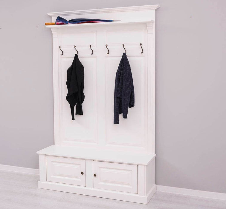 Garderobe aus Massivholz mit 6 Haken und 2 Staufächern unifarben -