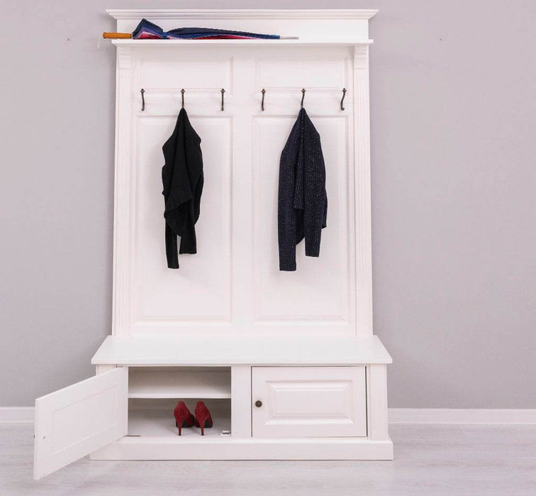 Garderobe aus Massivholz mit 6 Haken und 2 Staufächern unifarben -