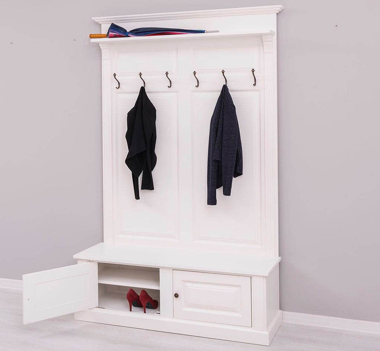 Garderobe aus Massivholz mit 6 Haken und 2 Staufächern unifarben -