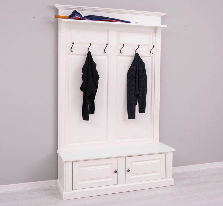 Garderobe aus Massivholz mit 6 Haken und 2 Staufächern unifarben -