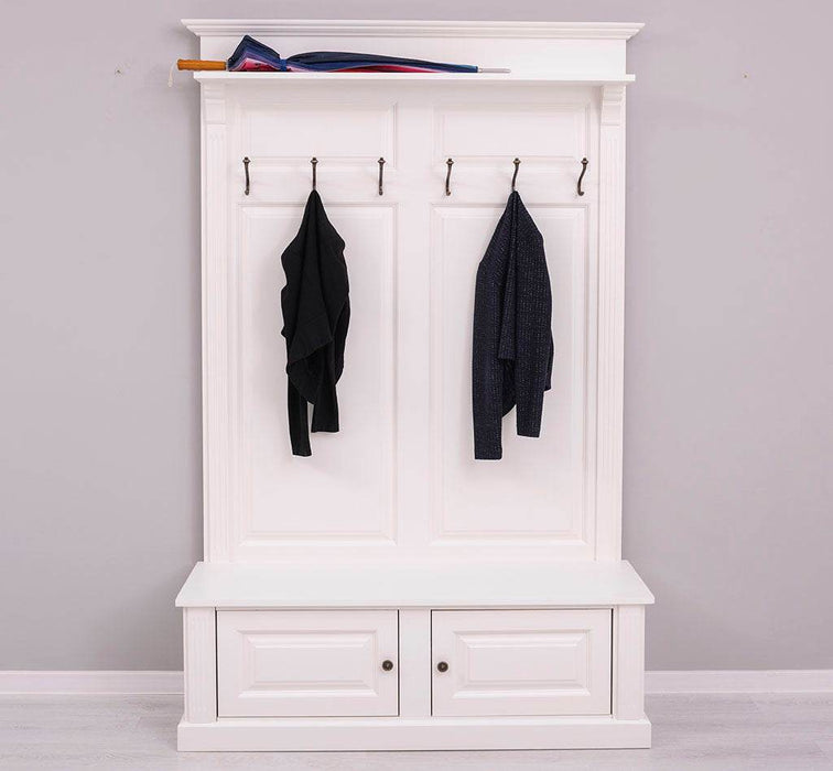 Garderobe aus Massivholz mit 6 Haken und 2 Staufächern unifarben -