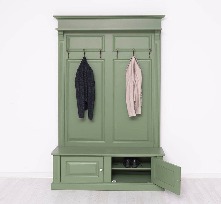 Garderobe aus Massivholz mit 6 Haken und 2 Staufächern unifarben -