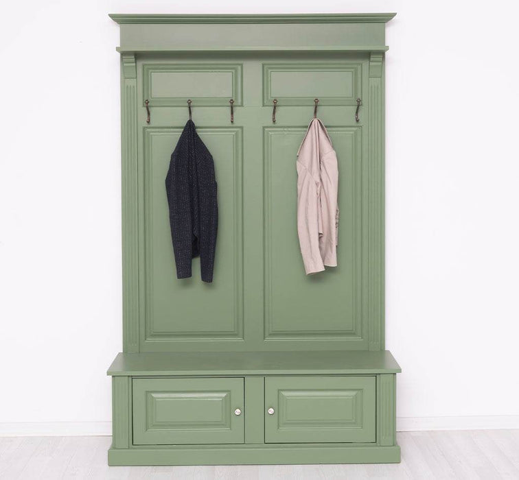 Garderobe aus Massivholz mit 6 Haken und 2 Staufächern unifarben -